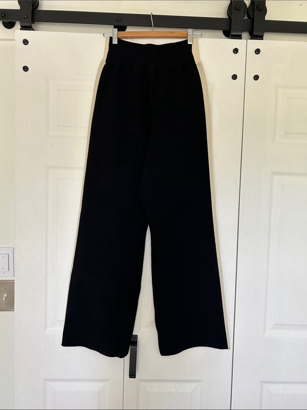 Spiritual Gangster-Black Wide-Leg Sweater Pants with Cream Side Stripe